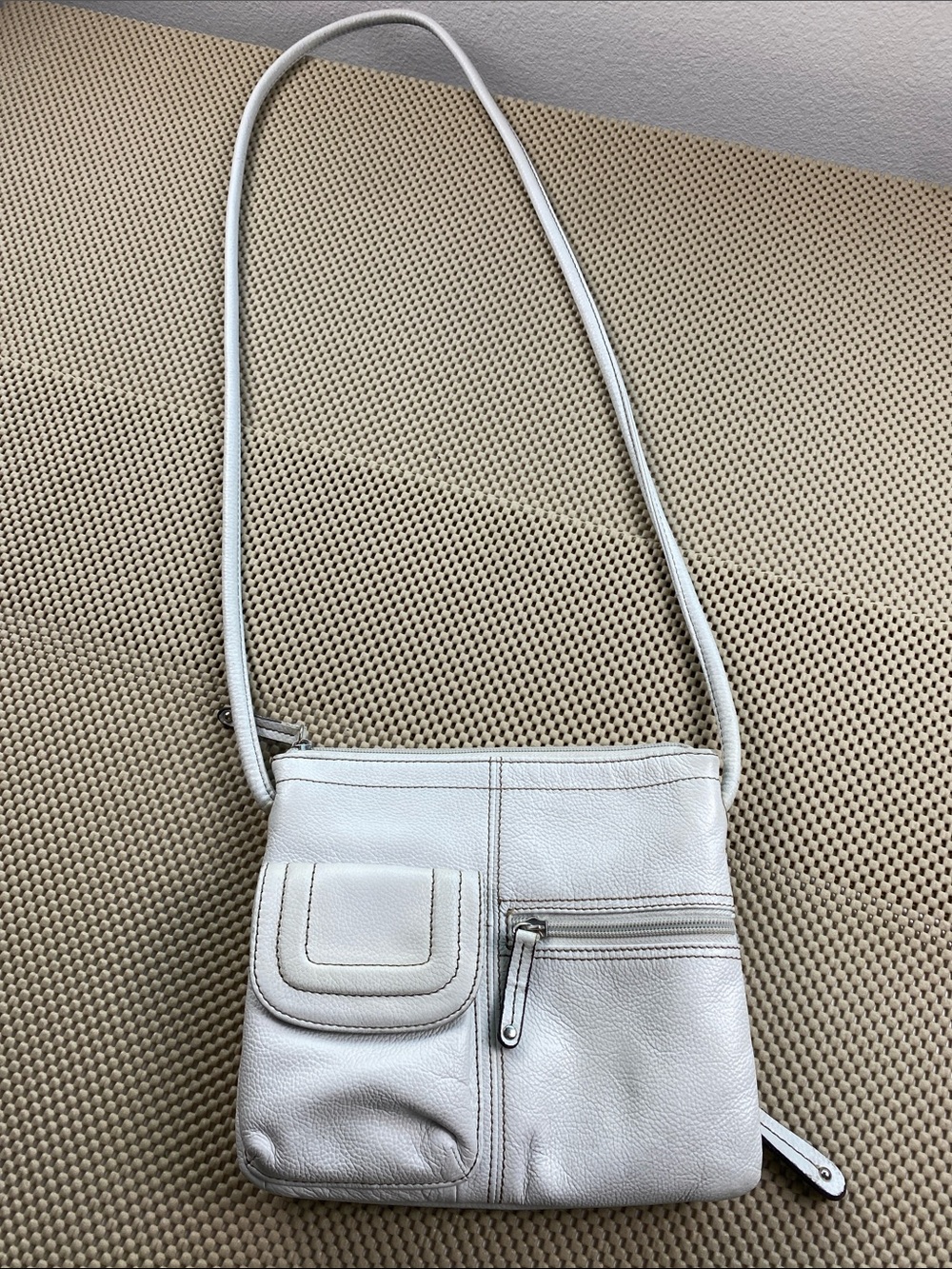 Tignanello White Pebbled Leather Crossbody with Front Pocket Detail
